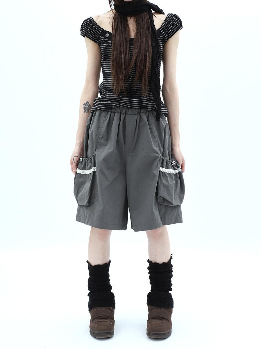 ang project Grey Lace Trim Patchwork Elastic Waist Cargo Women&