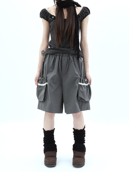 ang project Grey Lace Trim Patchwork Elastic Waist Cargo Women&
