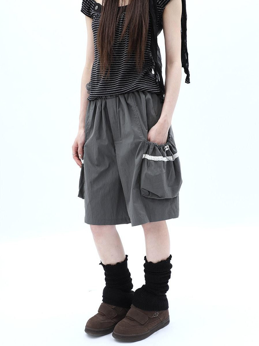 ang project Grey Lace Trim Patchwork Elastic Waist Cargo Women&