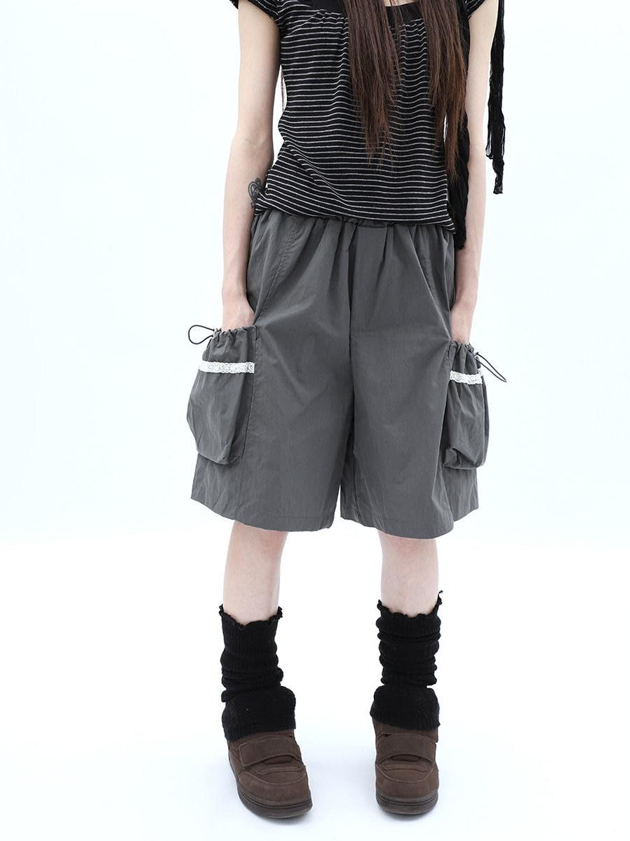 ang project Grey Lace Trim Patchwork Elastic Waist Cargo Women&