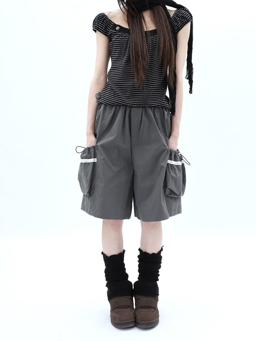 ang project Grey Lace Trim Patchwork Elastic Waist Cargo Women&