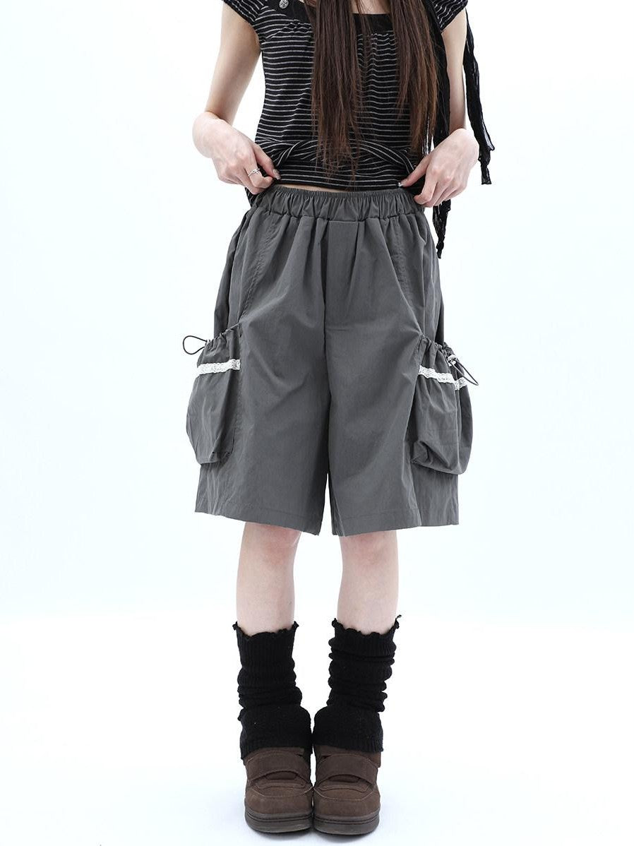 ang project Grey Lace Trim Patchwork Elastic Waist Cargo Women&