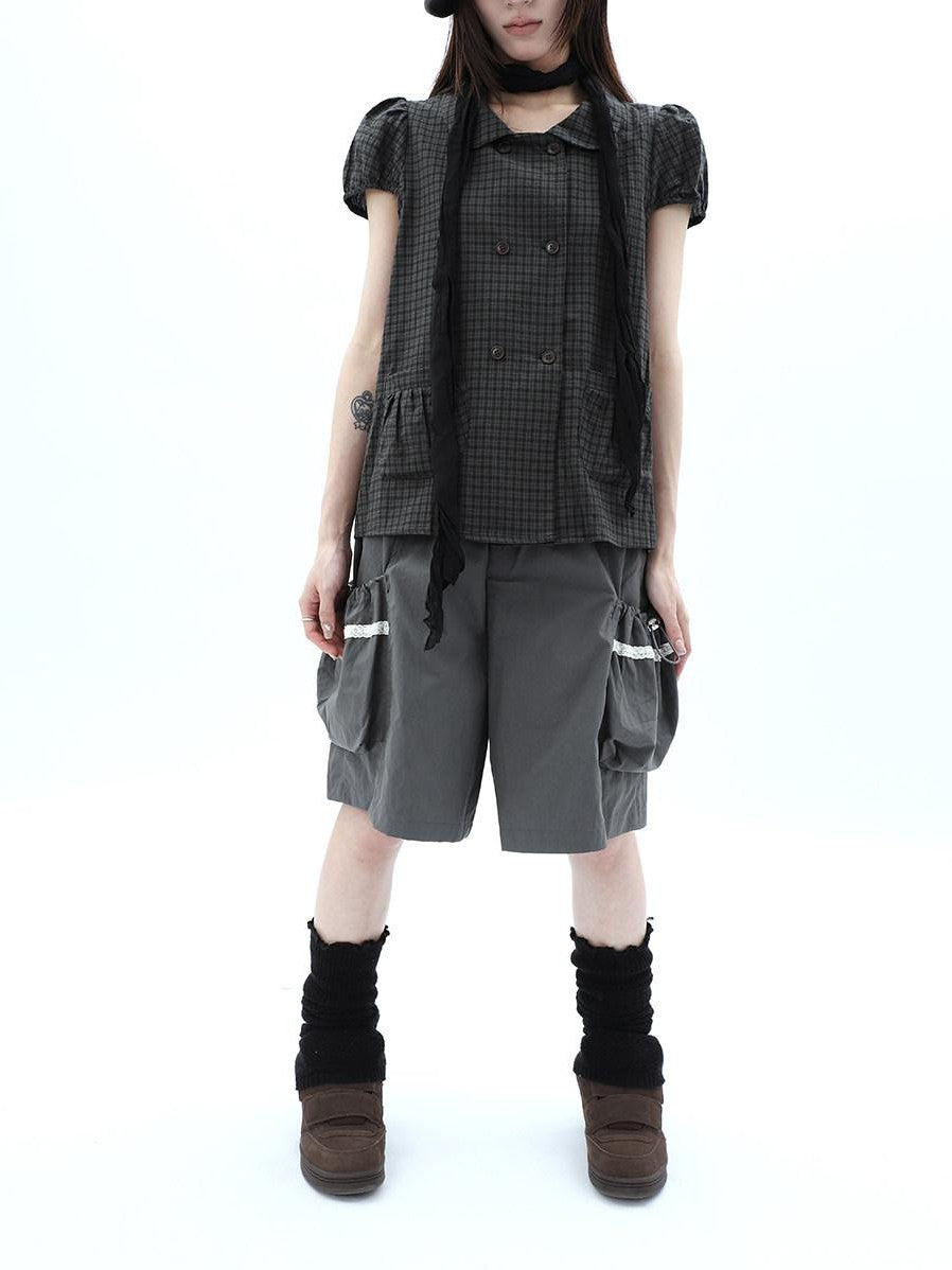 ang project Grey Lace Trim Patchwork Elastic Waist Cargo Women&