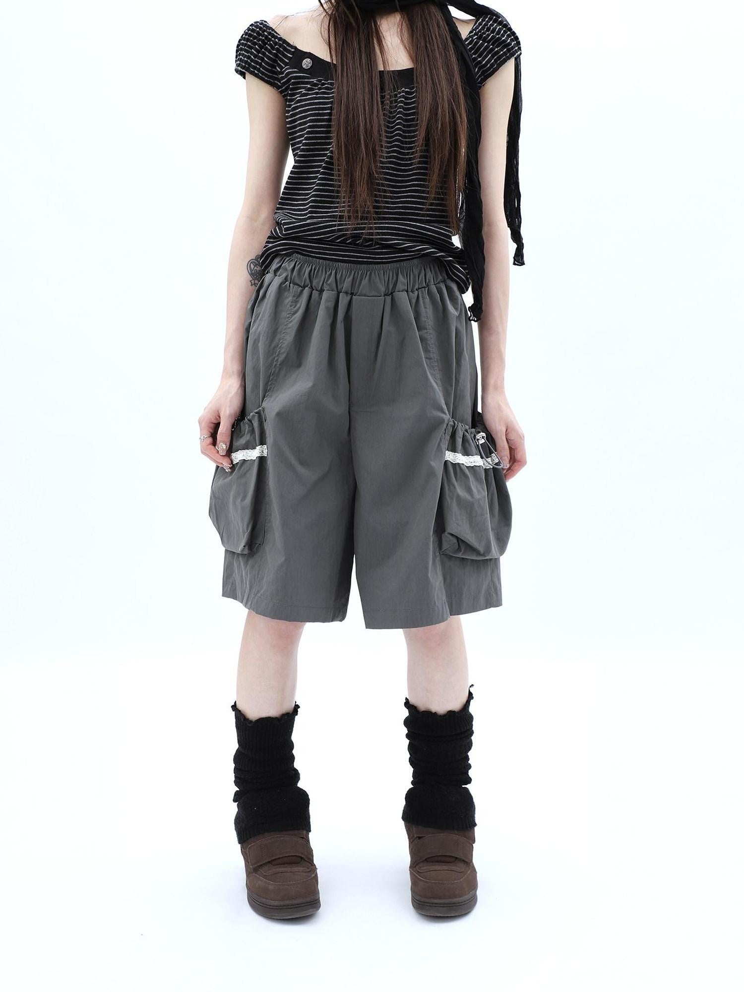 ang project Grey Lace Trim Patchwork Elastic Waist Cargo Women&