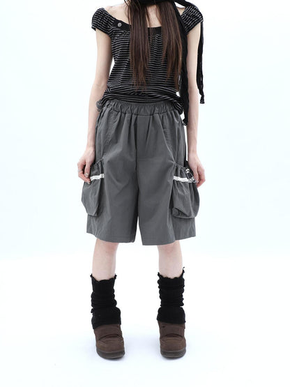 ang project Grey Lace Trim Patchwork Elastic Waist Cargo Women&