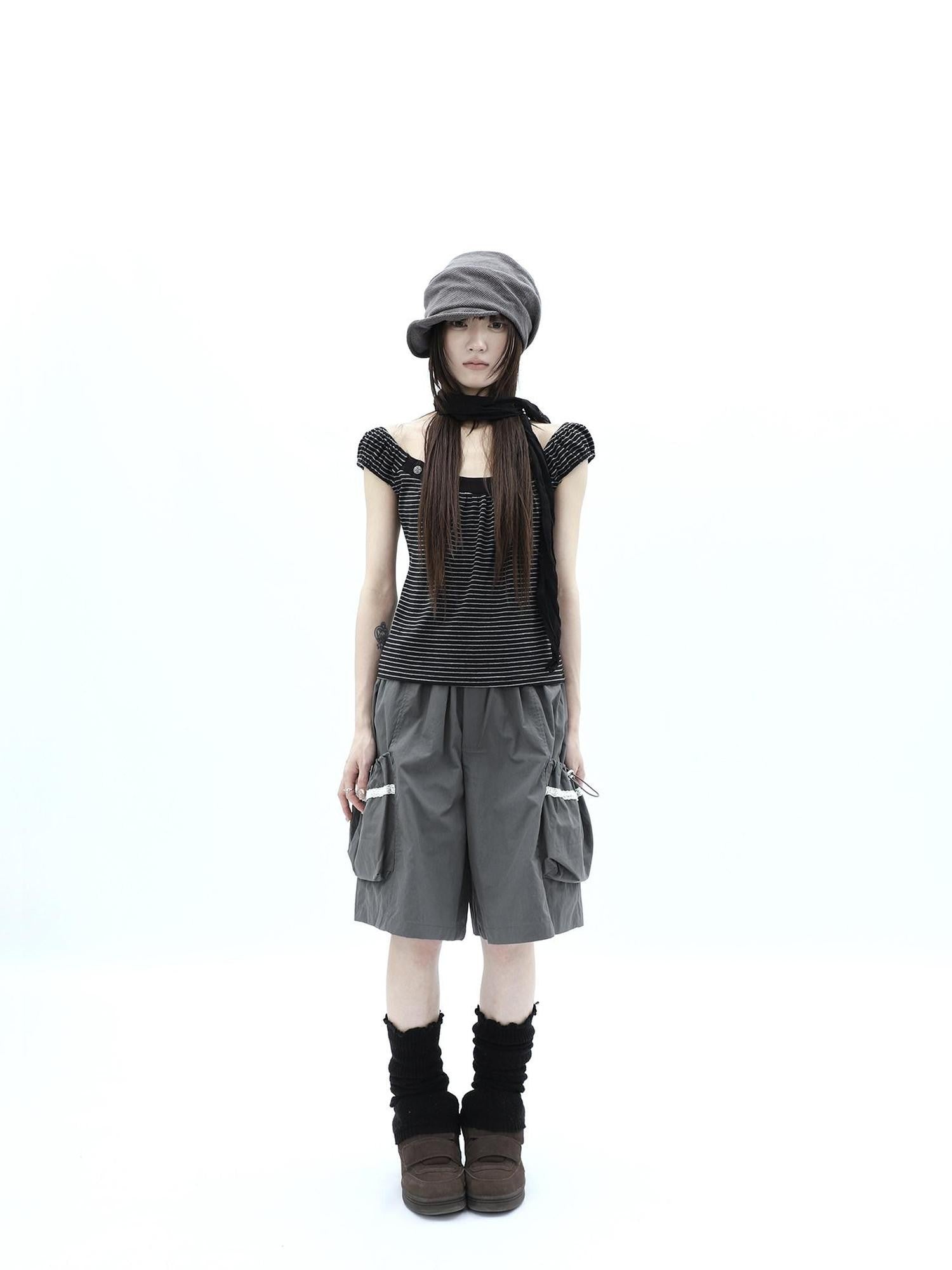 ang project Grey Lace Trim Patchwork Elastic Waist Cargo Women&