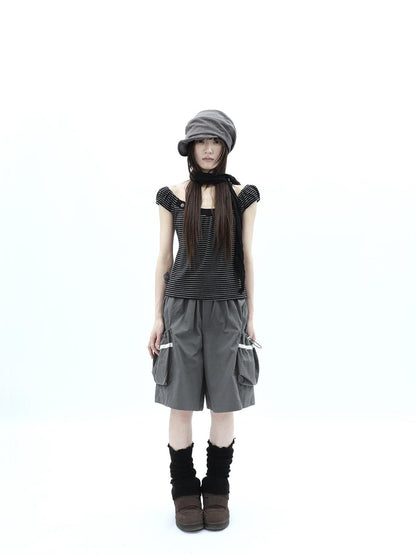 ang project Grey Lace Trim Patchwork Elastic Waist Cargo Women&