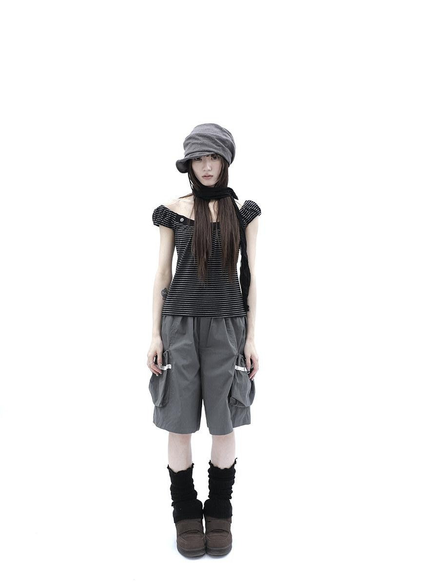 ang project Grey Lace Trim Patchwork Elastic Waist Cargo Women&