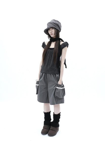 ang project Grey Lace Trim Patchwork Elastic Waist Cargo Women&