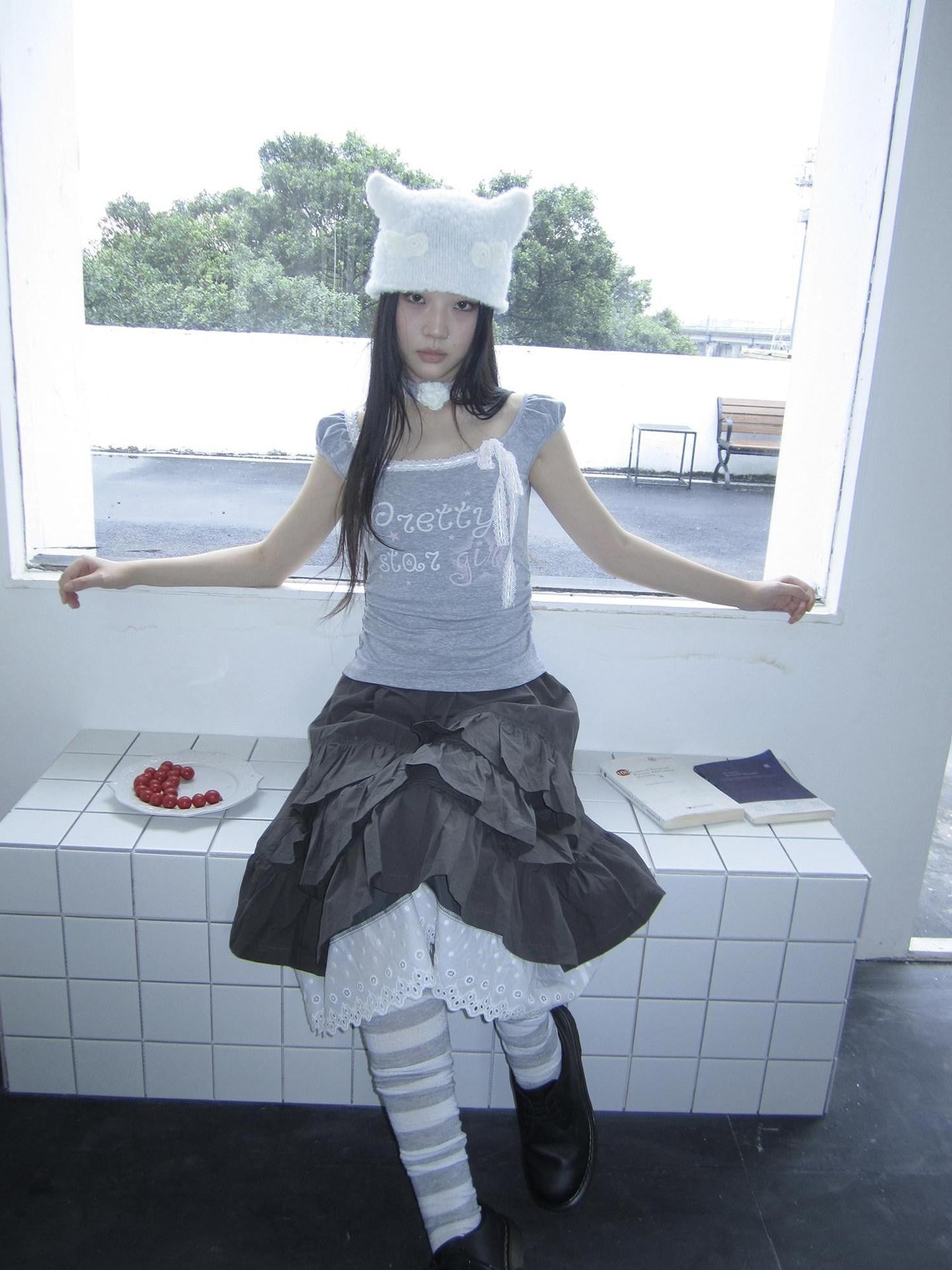 ang project Grey Letter Print Lace Tie Puff Sleeve Cropped Crewneck Women&