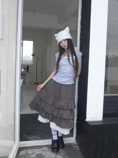 ang project Grey Letter Print Lace Tie Puff Sleeve Cropped Crewneck Women&