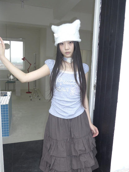 ang project Grey Letter Print Lace Tie Puff Sleeve Cropped Crewneck Women&