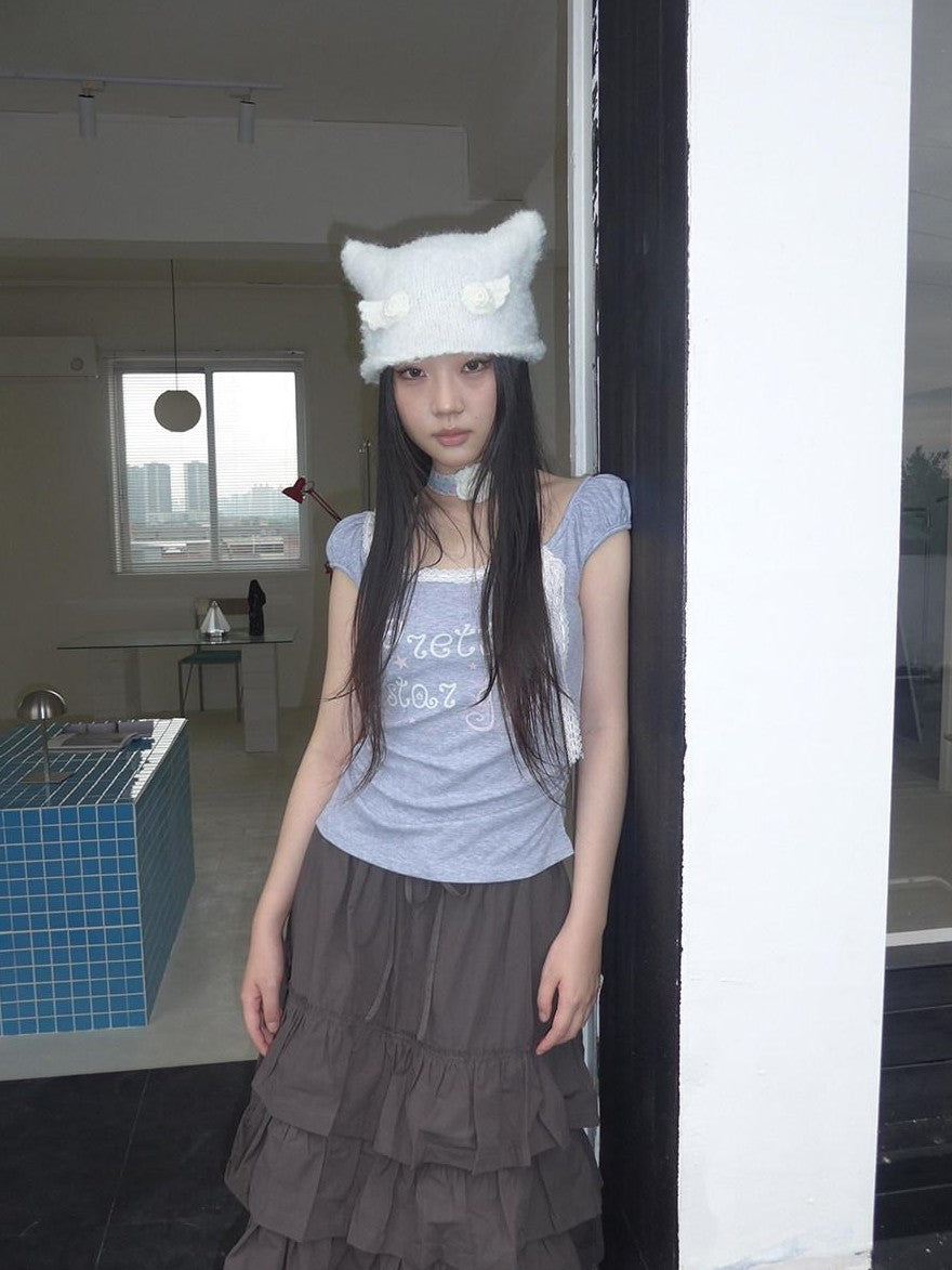 ang project Grey Letter Print Lace Tie Puff Sleeve Cropped Crewneck Women&