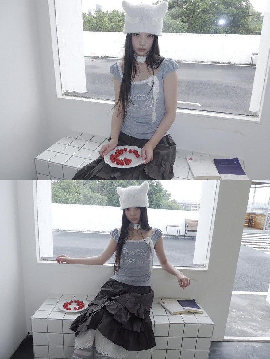 ang project Grey Letter Print Lace Tie Puff Sleeve Cropped Crewneck Women&