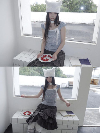 ang project Grey Letter Print Lace Tie Puff Sleeve Cropped Crewneck Women&