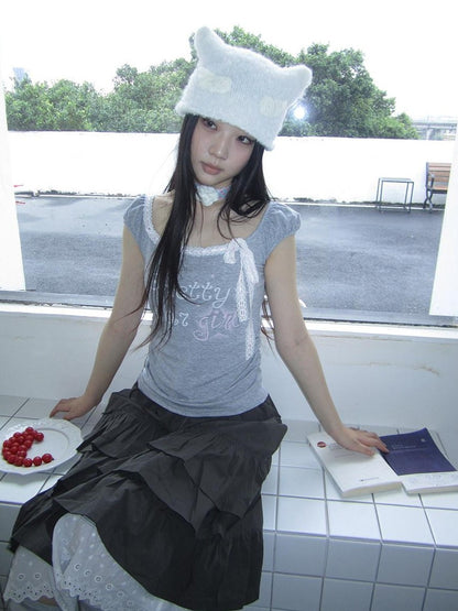 ang project Grey Letter Print Lace Tie Puff Sleeve Cropped Crewneck Women&