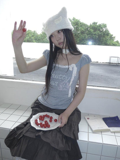 ang project Grey Letter Print Lace Tie Puff Sleeve Cropped Crewneck Women&