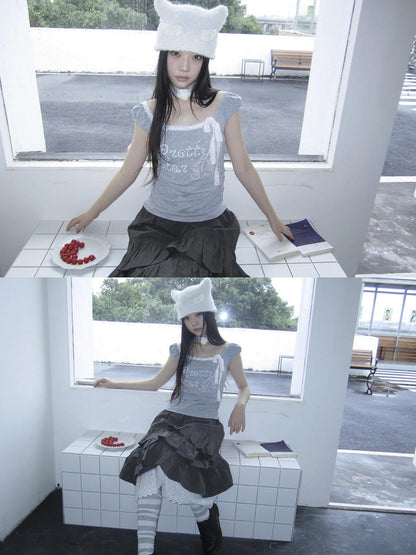 ang project Grey Letter Print Lace Tie Puff Sleeve Cropped Crewneck Women&