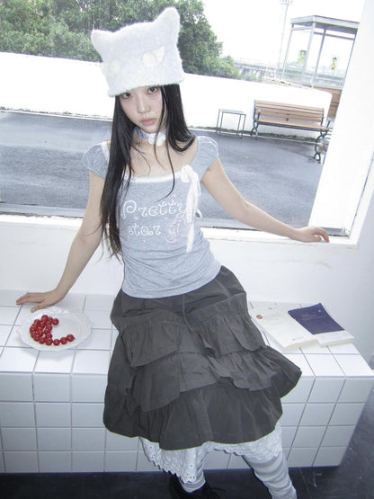 ang project Grey Letter Print Lace Tie Puff Sleeve Cropped Crewneck Women&
