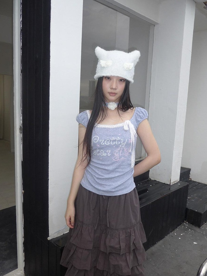 ang project Grey Letter Print Lace Tie Puff Sleeve Cropped Crewneck Women&