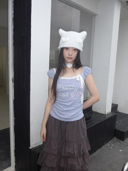 ang project Grey Letter Print Lace Tie Puff Sleeve Cropped Crewneck Women&