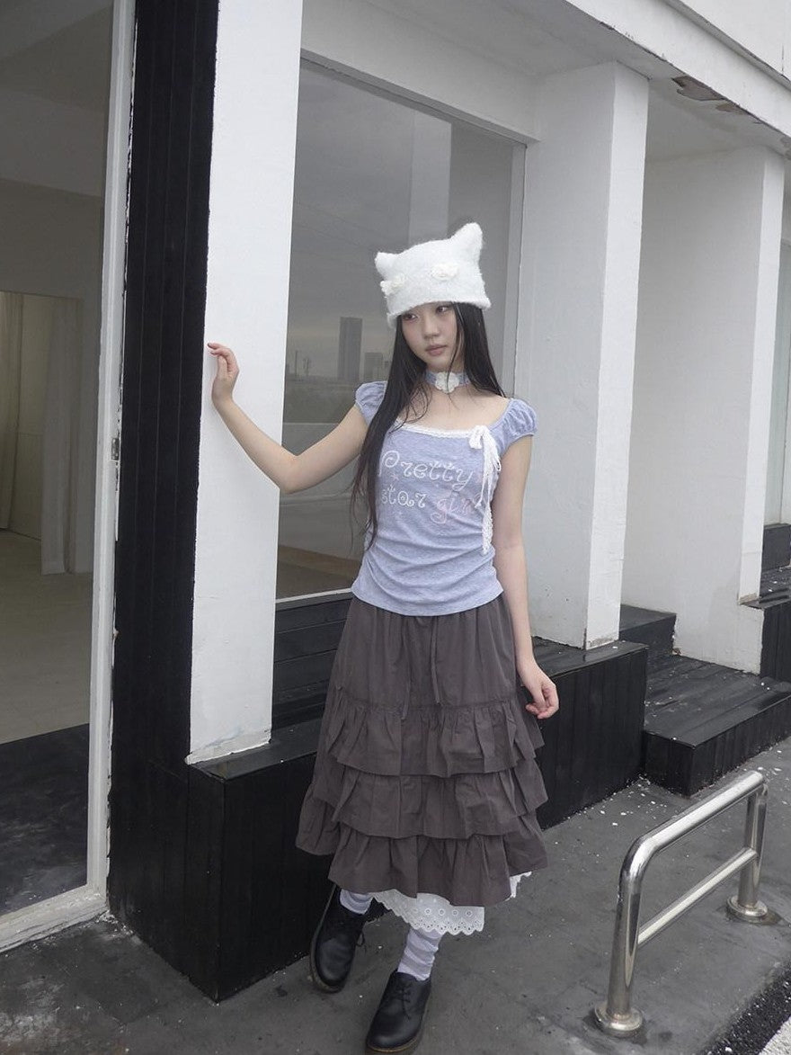 ang project Grey Letter Print Lace Tie Puff Sleeve Cropped Crewneck Women&
