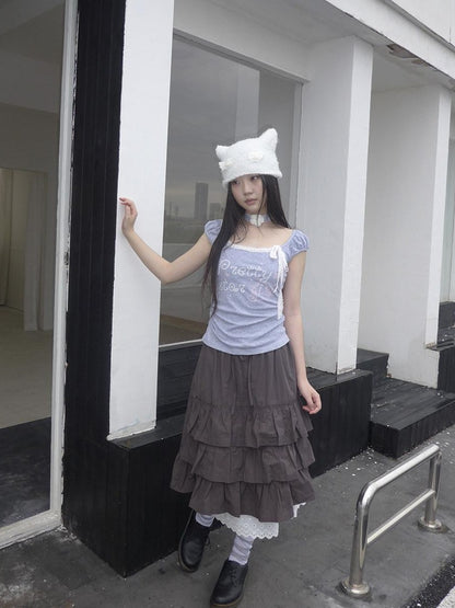 ang project Grey Letter Print Lace Tie Puff Sleeve Cropped Crewneck Women&