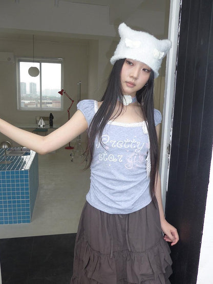 ang project Grey Letter Print Lace Tie Puff Sleeve Cropped Crewneck Women&