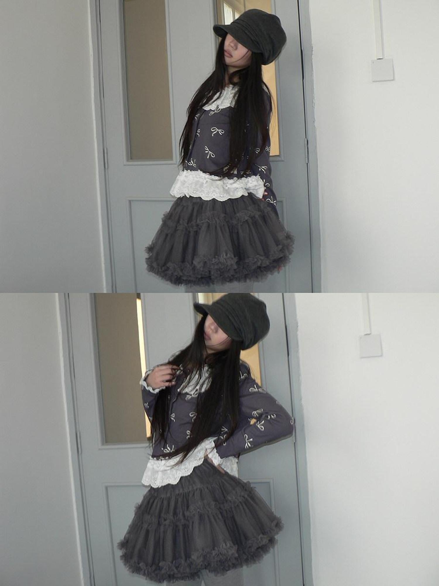ang project Grey Lined Lace Patchwork Puff Korean Mid Waist Casual Women Mini Skirt