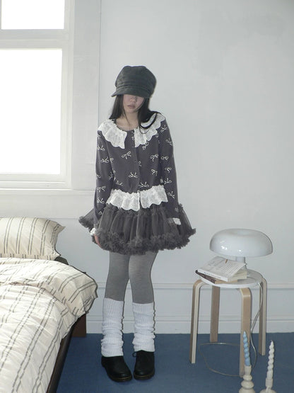 ang project Grey Lined Lace Patchwork Puff Korean Mid Waist Casual Women Mini Skirt