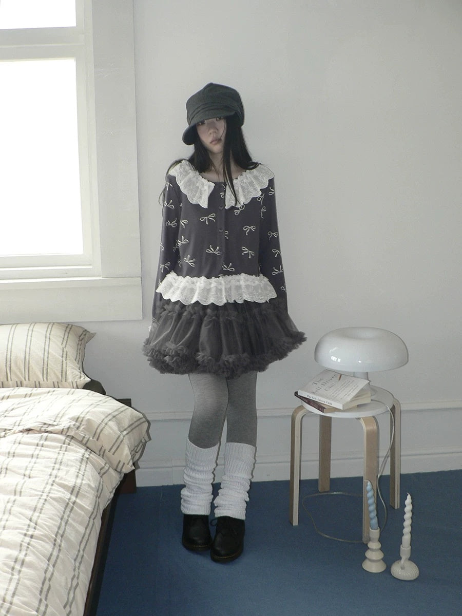 ang project Grey Lined Lace Patchwork Puff Korean Mid Waist Casual Women Mini Skirt