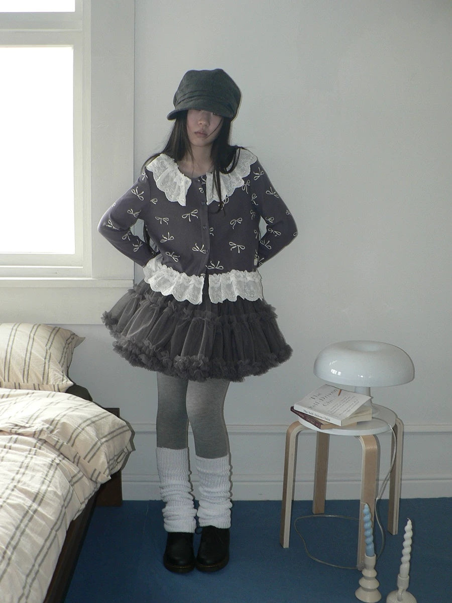 ang project Grey Lined Lace Patchwork Puff Korean Mid Waist Casual Women Mini Skirt
