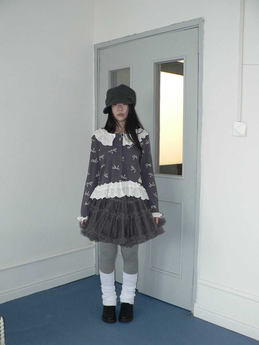 ang project Grey Lined Lace Patchwork Puff Korean Mid Waist Casual Women Mini Skirt