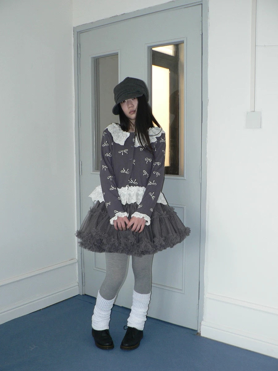 ang project Grey Lined Lace Patchwork Puff Korean Mid Waist Casual Women Mini Skirt