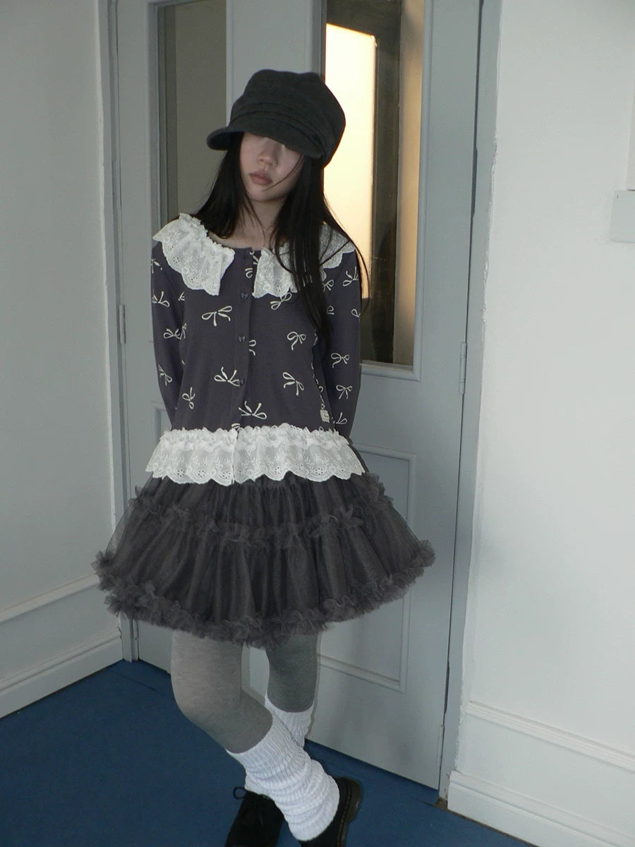ang project Grey Lined Lace Patchwork Puff Korean Mid Waist Casual Women Mini Skirt