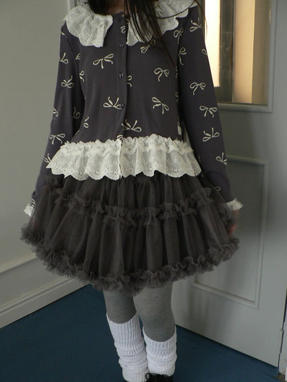 ang project Grey Lined Lace Patchwork Puff Korean Mid Waist Casual Women Mini Skirt