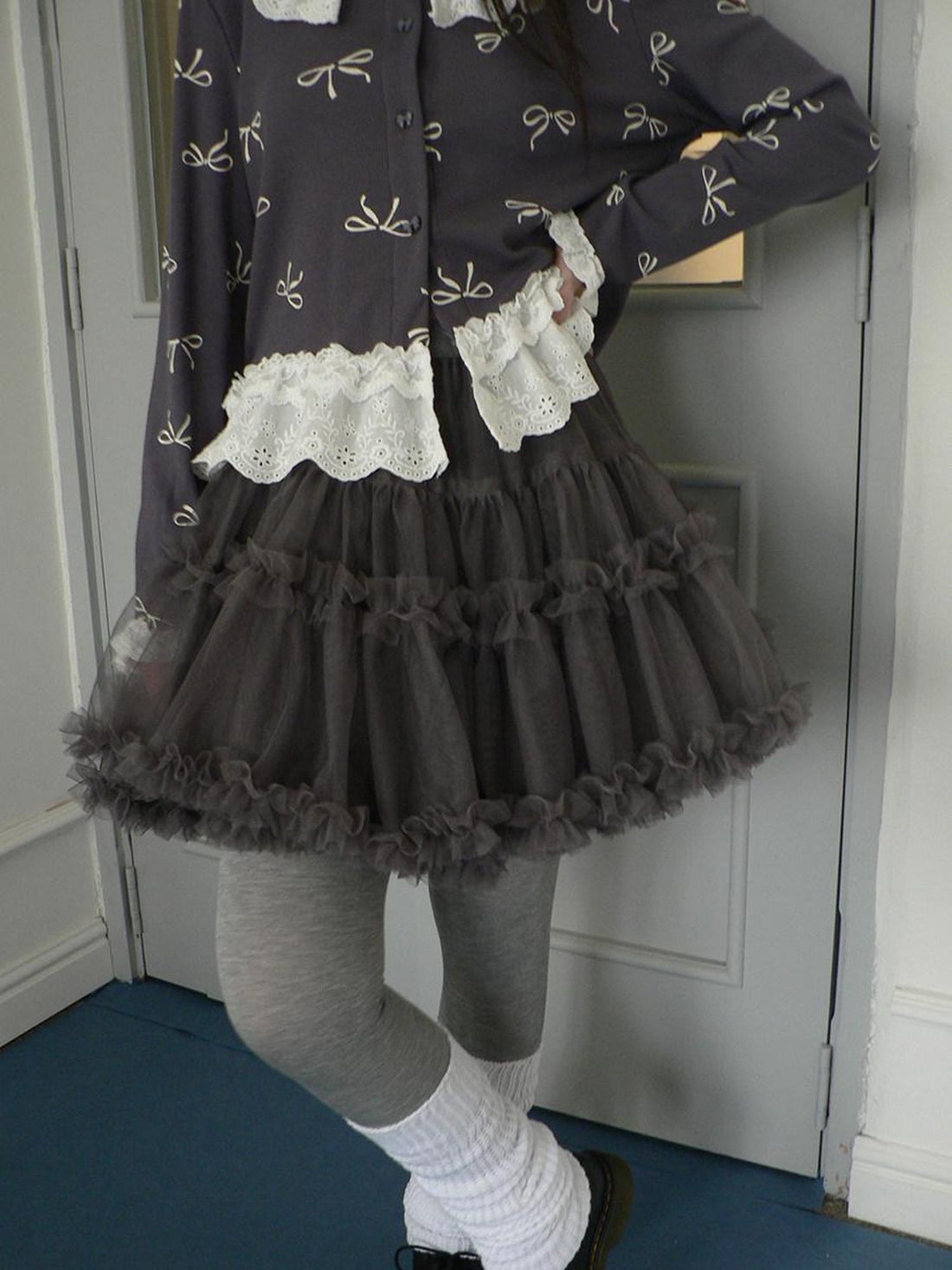 ang project Grey Lined Lace Patchwork Puff Korean Mid Waist Casual Women Mini Skirt