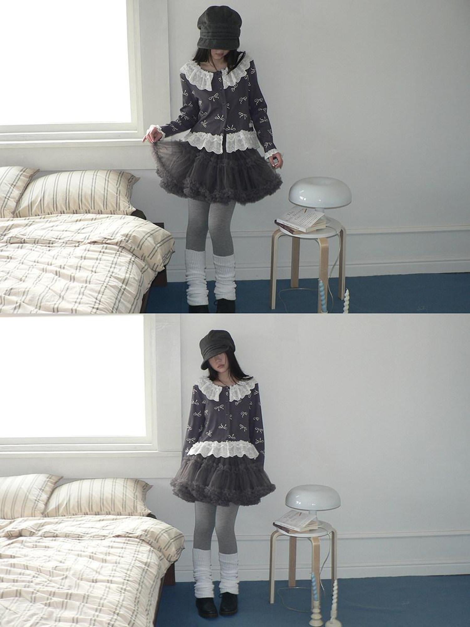 ang project Grey Lined Lace Patchwork Puff Korean Mid Waist Casual Women Mini Skirt