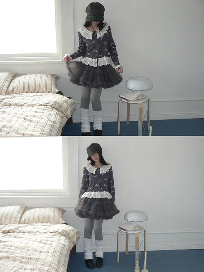 ang project Grey Lined Lace Patchwork Puff Korean Mid Waist Casual Women Mini Skirt