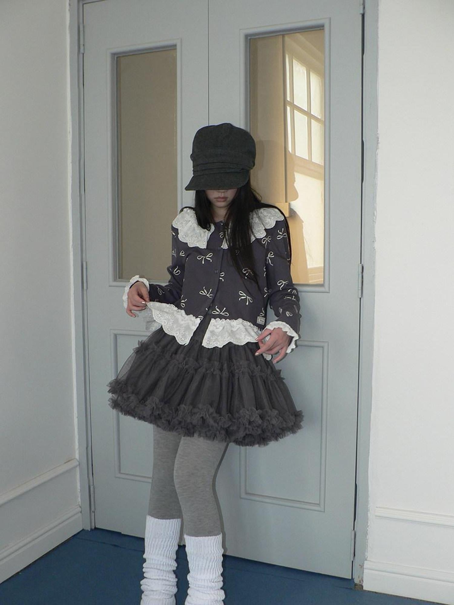 ang project Grey Lined Lace Patchwork Puff Korean Mid Waist Casual Women Mini Skirt