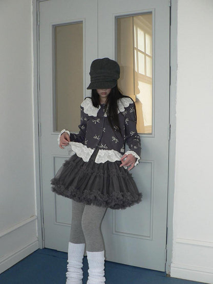 ang project Grey Lined Lace Patchwork Puff Korean Mid Waist Casual Women Mini Skirt