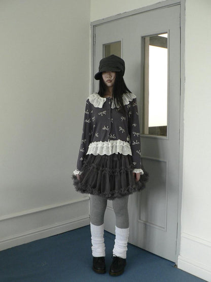 ang project Grey Lined Lace Patchwork Puff Korean Mid Waist Casual Women Mini Skirt