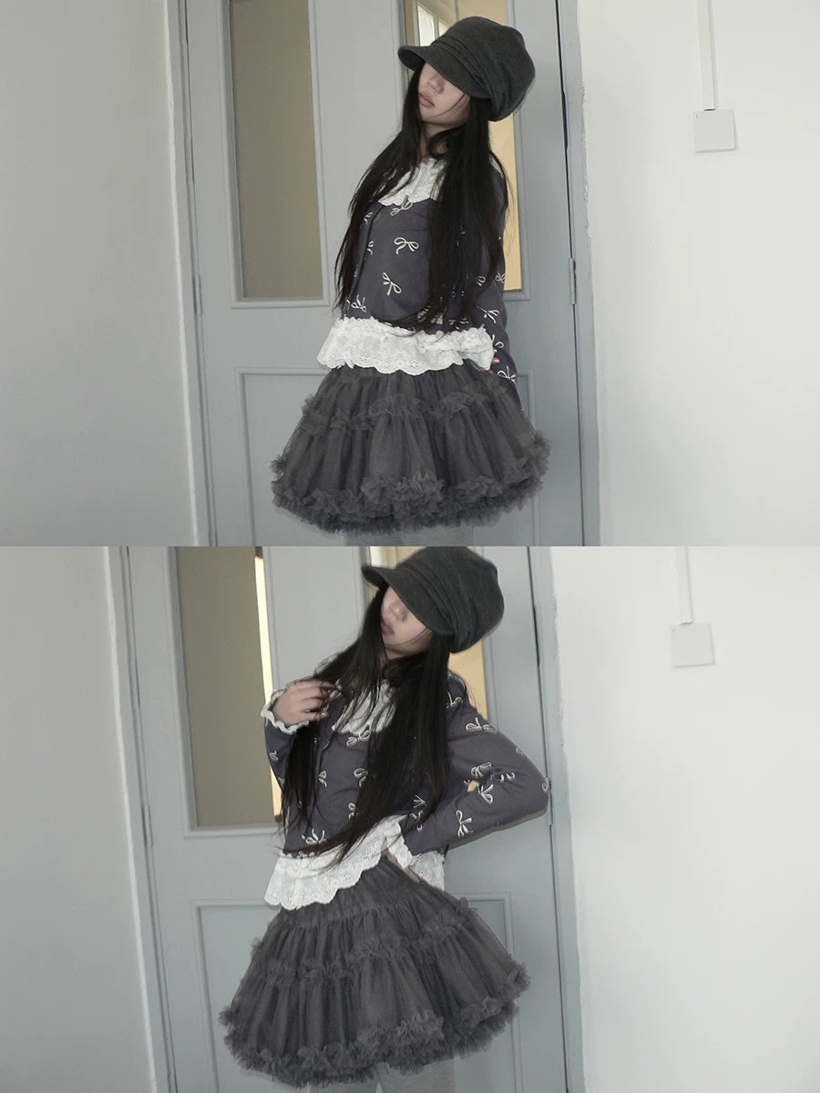 ang project Grey Lined Lace Patchwork Puff Korean Mid Waist Casual Women Mini Skirt