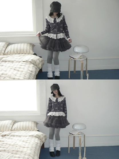 ang project Grey Lined Lace Patchwork Puff Korean Mid Waist Casual Women Mini Skirt