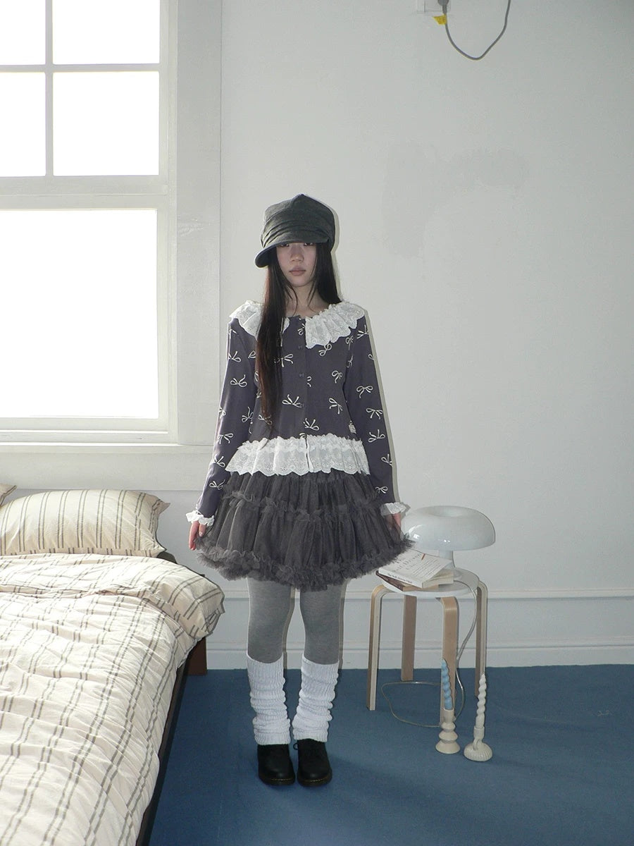ang project Grey Lined Lace Patchwork Puff Korean Mid Waist Casual Women Mini Skirt