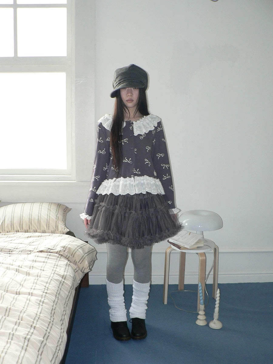 ang project Grey Lined Lace Patchwork Puff Korean Mid Waist Casual Women Mini Skirt