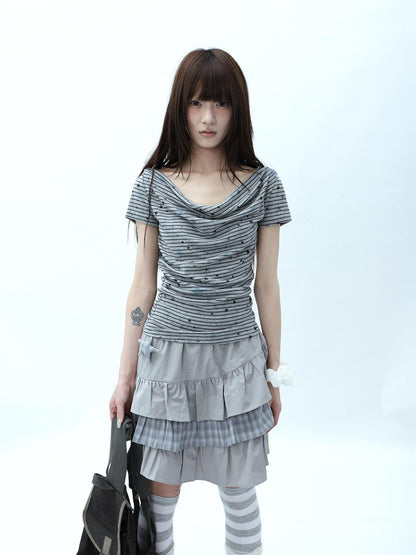 ang project Grey Striped Star Print Stacked Neck Women&