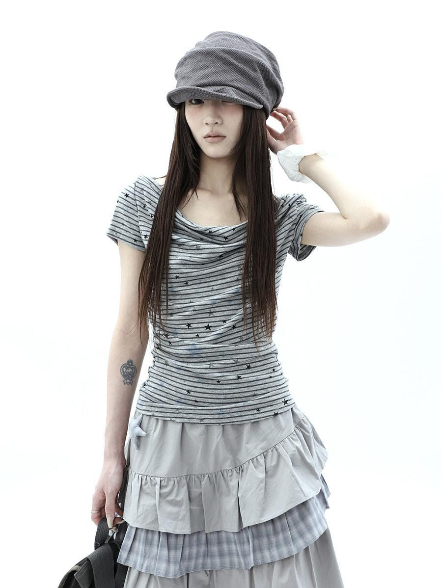 ang project Grey Striped Star Print Stacked Neck Women&