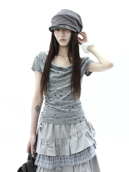 ang project Grey Striped Star Print Stacked Neck Women&