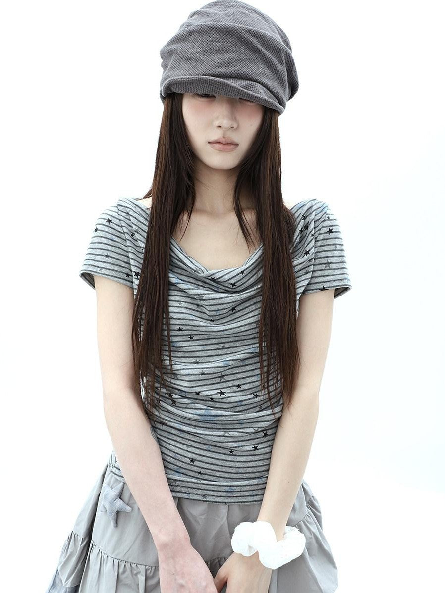 ang project Grey Striped Star Print Stacked Neck Women&